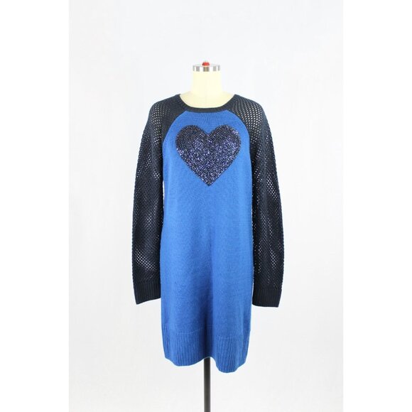 LOVE MOSCHINO Blue Wool Knit Sequin Heart Raglan Sleeve Sweater Dress, Size 44/L - Picture 1 of 16